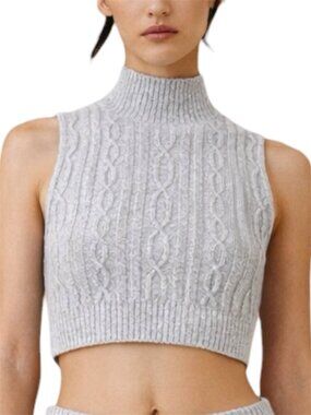 Alo Yoga Cable Knit Winter Bliss Mock Neck Tank Heather Gray Crop L